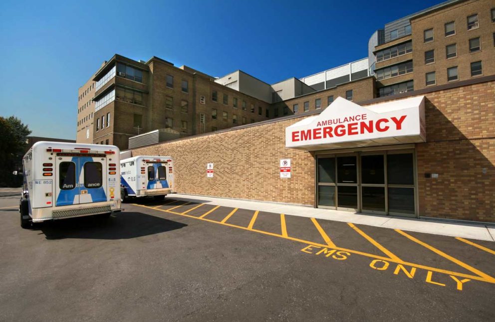 Hospital with two ambulances outside